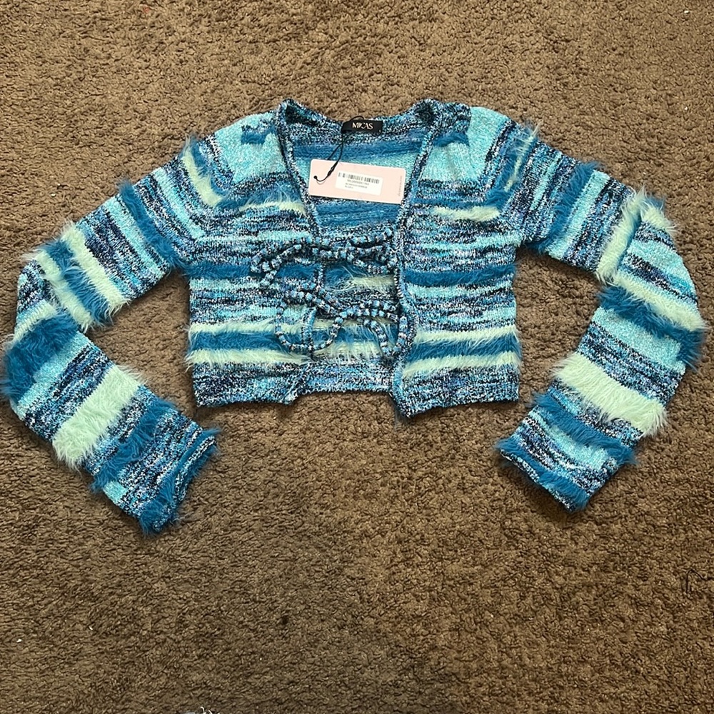 Striped Feathered DetailTie Front long sleeve knit cardigan